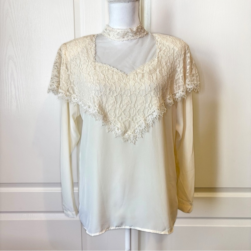 San Andre Vintage 90s Ivory Long Sleeve Lace Blouse Bib High Collared Women’s 12